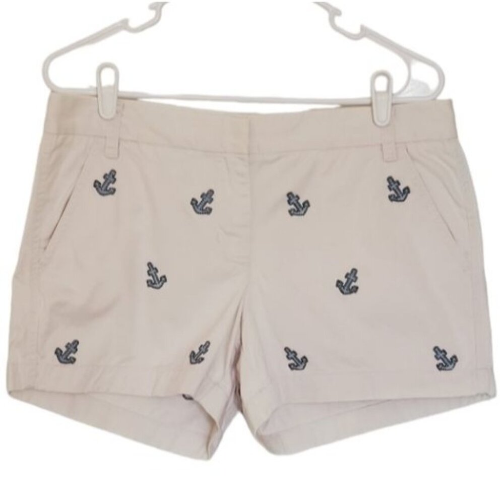 J. Crew Womens Anchor Embroidered Ivory Cotton Shorts Size 8 Casual Summer Style